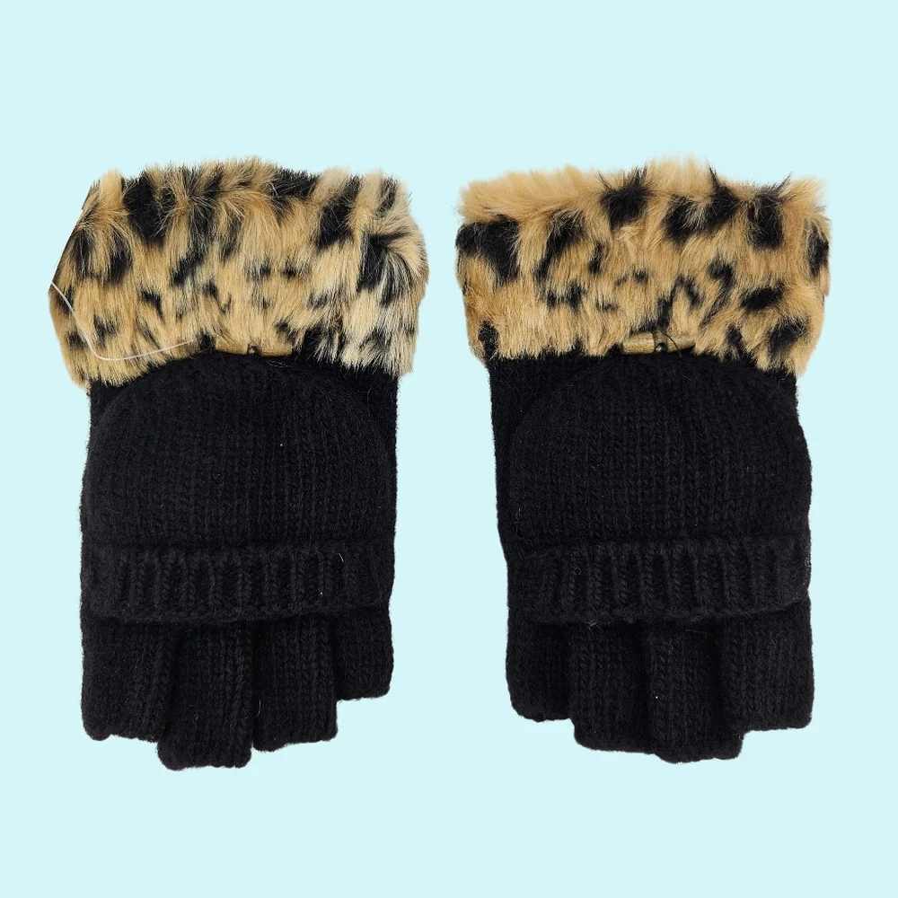 Adrienne Landau Gloves Black Leopard Fingerless Convertible Wool Blend Faux Fur